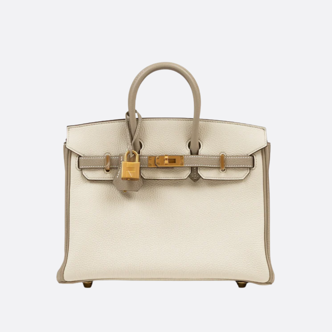 HERMÈS BIRKIN 25 HSS CRAIE/GRIS TOURTERELLE DE TOGO-CUERO CON CEPILLADO DORADO HERRAJES
