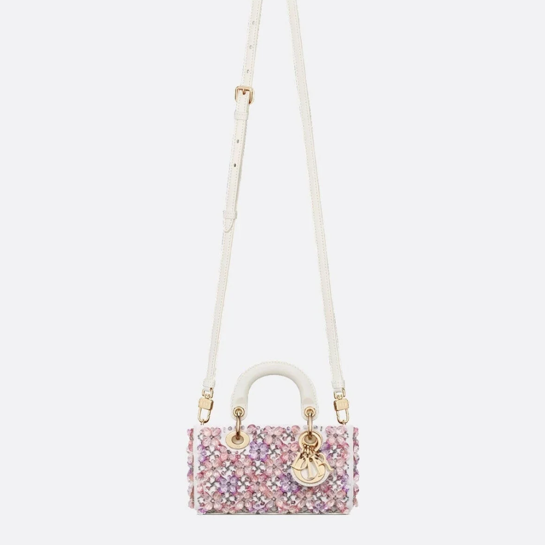 DIOR LADY D-JOY MICRO CARTERA DE BLANCO CUERO DE TERNERA CON ROSA BORDADO DE FLORES Y STRASS