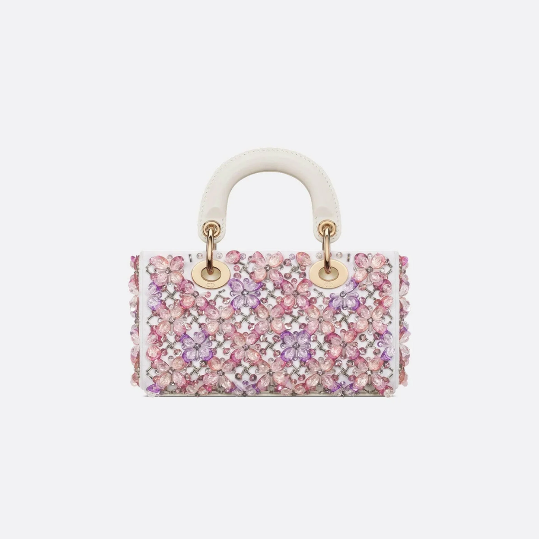 DIOR LADY D-JOY MICRO CARTERA DE BLANCO CUERO DE TERNERA CON ROSA BORDADO DE FLORES Y STRASS