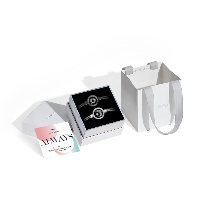 Sun & Moon Touch Bracelets with Figaro Chain (Black+Silver)