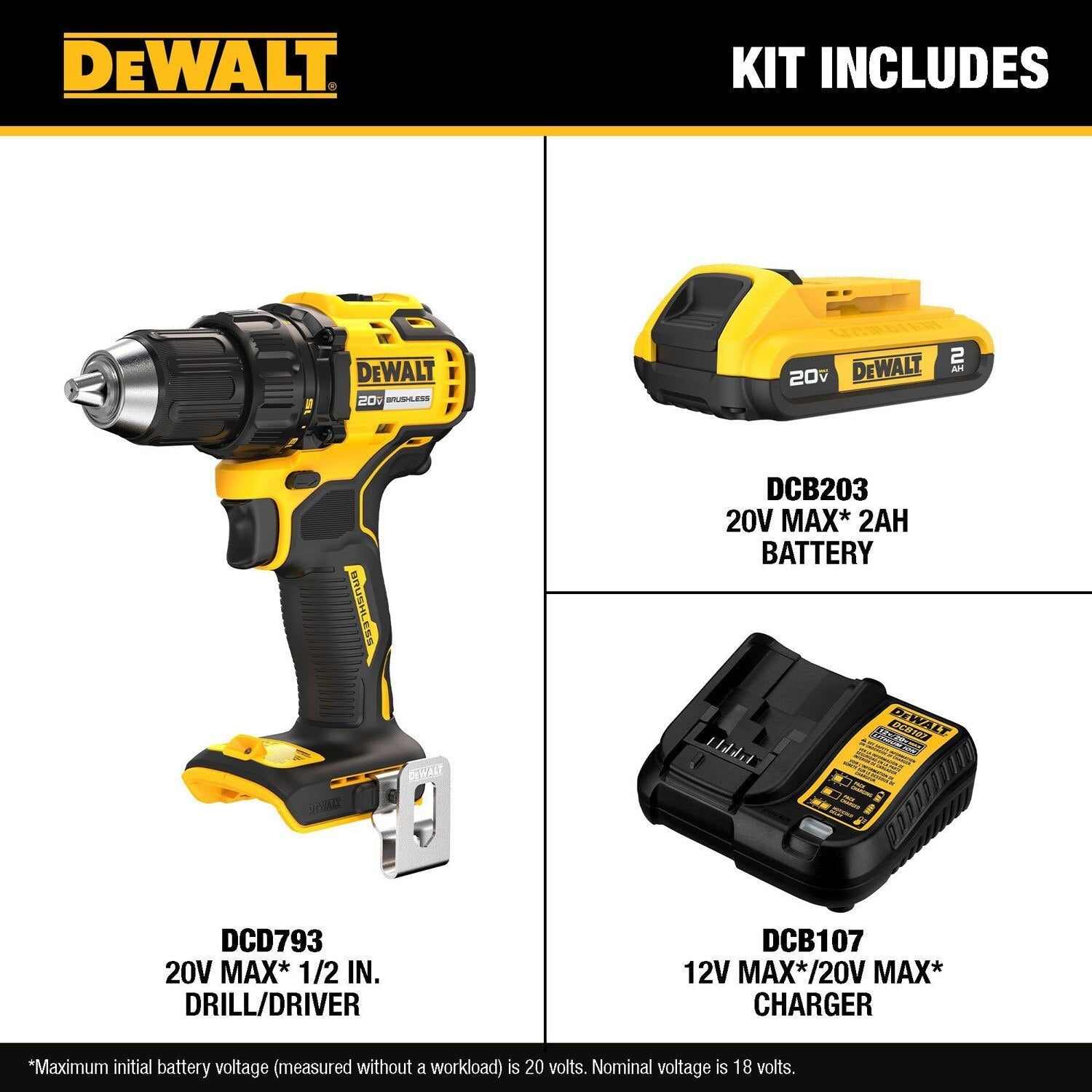 DeWalt DCD793D1 20V MAX Brushless Cordless 1/2 in. Drill/Driver Kit