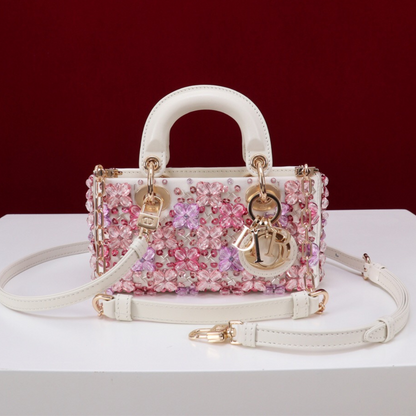 DIOR LADY D-JOY MICRO CARTERA DE BLANCO CUERO DE TERNERA CON ROSA BORDADO DE FLORES Y STRASS