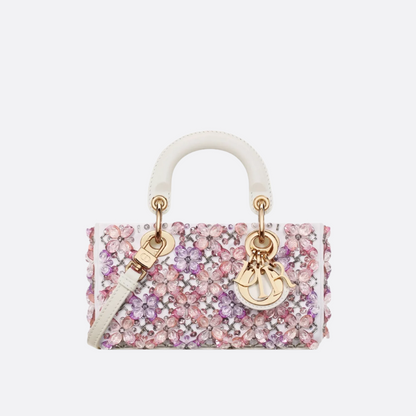 DIOR LADY D-JOY MICRO CARTERA DE BLANCO CUERO DE TERNERA CON ROSA BORDADO DE FLORES Y STRASS
