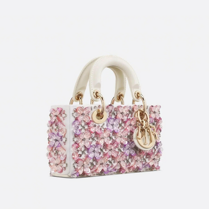 DIOR LADY D-JOY MICRO CARTERA DE BLANCO CUERO DE TERNERA CON ROSA BORDADO DE FLORES Y STRASS