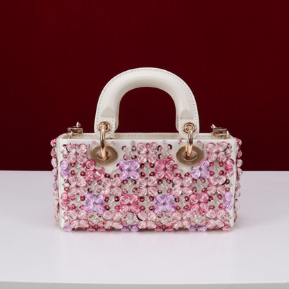 DIOR LADY D-JOY MICRO CARTERA DE BLANCO CUERO DE TERNERA CON ROSA BORDADO DE FLORES Y STRASS