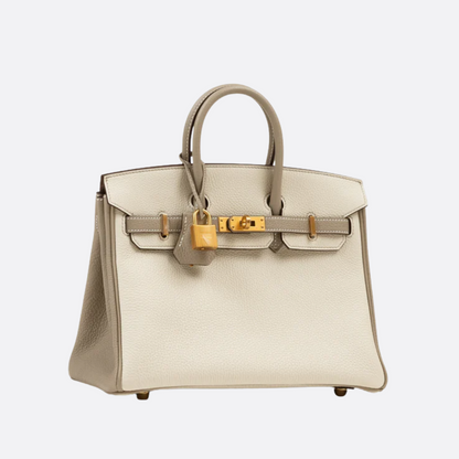 HERMÈS BIRKIN 25 HSS CRAIE/GRIS TOURTERELLE DE TOGO-CUERO CON CEPILLADO DORADO HERRAJES