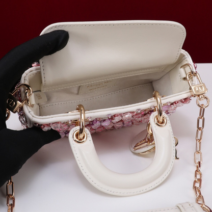 DIOR LADY D-JOY MICRO CARTERA DE BLANCO CUERO DE TERNERA CON ROSA BORDADO DE FLORES Y STRASS