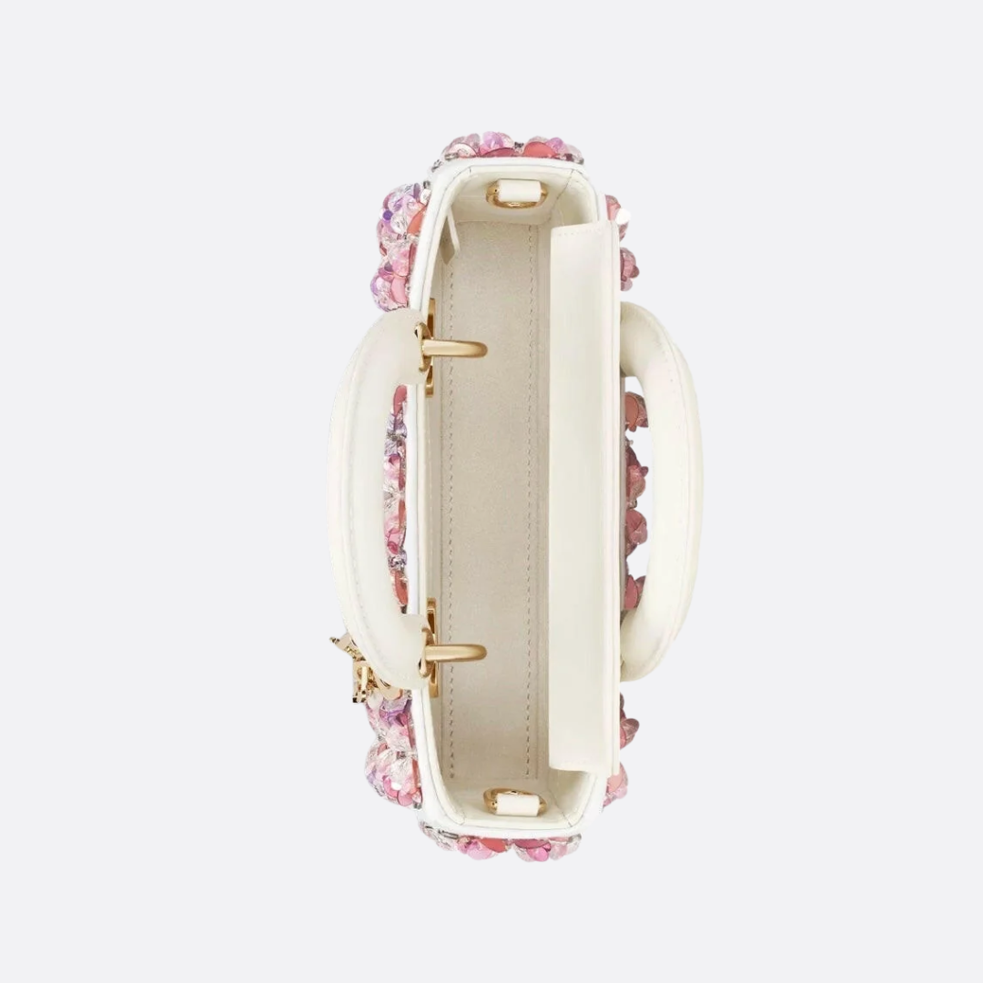 DIOR LADY D-JOY MICRO CARTERA DE BLANCO CUERO DE TERNERA CON ROSA BORDADO DE FLORES Y STRASS