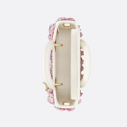 DIOR LADY D-JOY MICRO CARTERA DE BLANCO CUERO DE TERNERA CON ROSA BORDADO DE FLORES Y STRASS