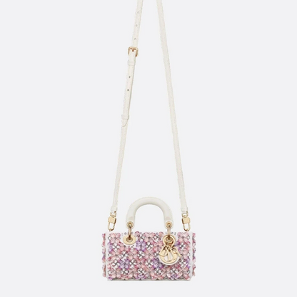 DIOR LADY D-JOY MICRO CARTERA DE BLANCO CUERO DE TERNERA CON ROSA BORDADO DE FLORES Y STRASS