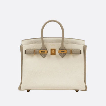 HERMÈS BIRKIN 25 HSS CRAIE/GRIS TOURTERELLE DE TOGO-CUERO CON CEPILLADO DORADO HERRAJES