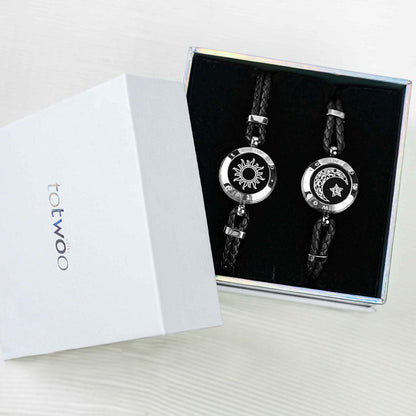 Sun & Moon Touch Bracelets with Braided Leather Rope (Black+Black)