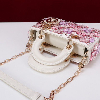 DIOR LADY D-JOY MICRO CARTERA DE BLANCO CUERO DE TERNERA CON ROSA BORDADO DE FLORES Y STRASS
