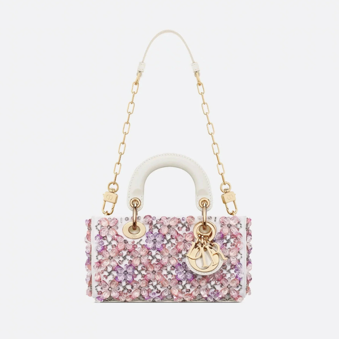DIOR LADY D-JOY MICRO CARTERA DE BLANCO CUERO DE TERNERA CON ROSA BORDADO DE FLORES Y STRASS