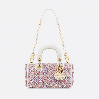 DIOR LADY D-JOY MICRO CARTERA DE BLANCO CUERO DE TERNERA CON ROSA BORDADO DE FLORES Y STRASS
