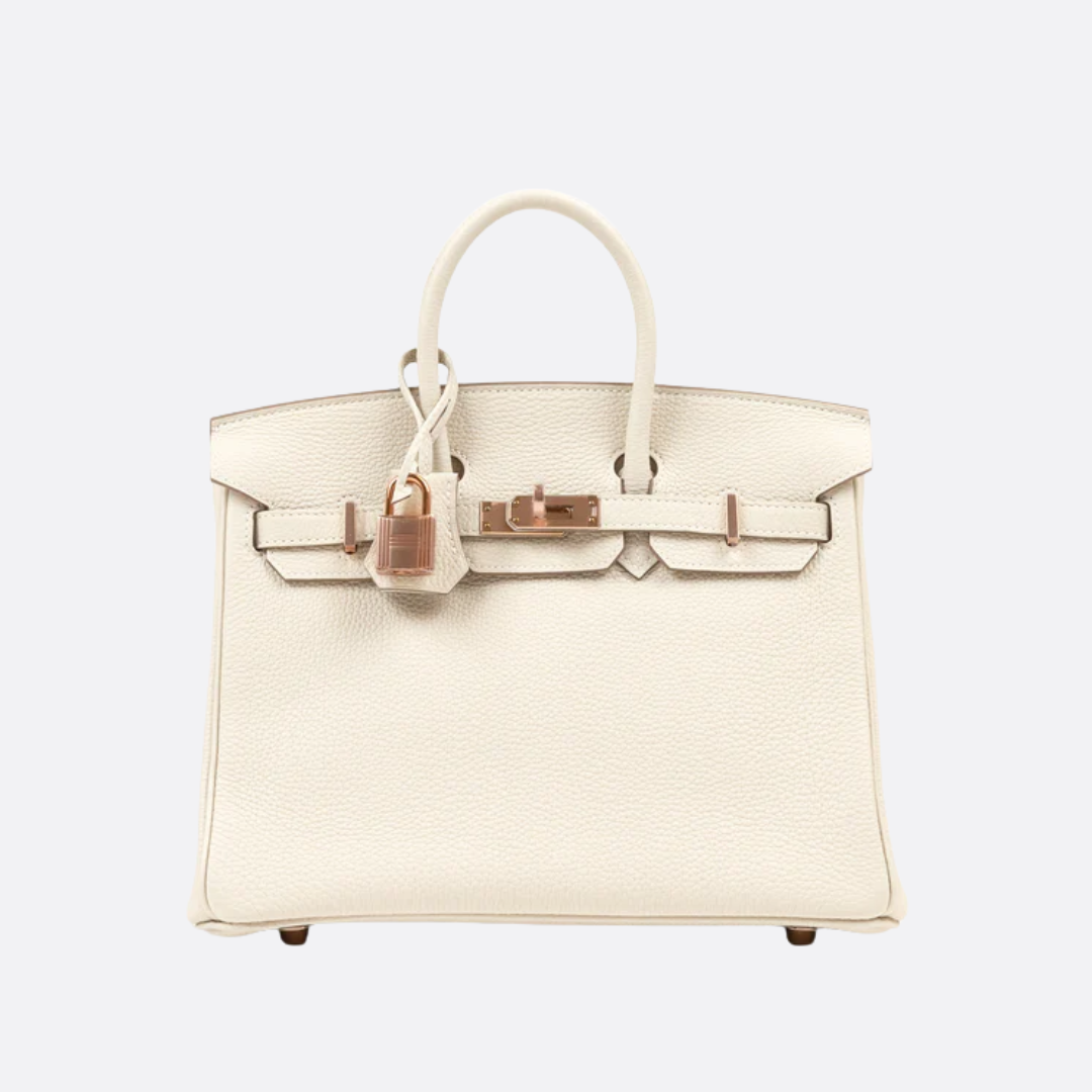 HERMÈS BIRKIN 25 HSS CRAIE/GRIS TOURTERELLE DE TOGO-CUERO CON CEPILLADO DORADO HERRAJES