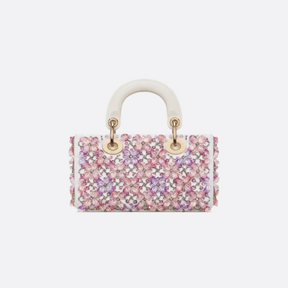 DIOR LADY D-JOY MICRO CARTERA DE BLANCO CUERO DE TERNERA CON ROSA BORDADO DE FLORES Y STRASS