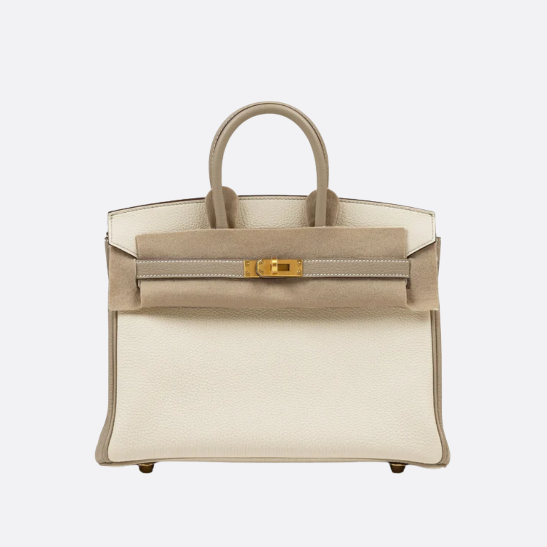 HERMÈS BIRKIN 25 HSS CRAIE/GRIS TOURTERELLE DE TOGO-CUERO CON CEPILLADO DORADO HERRAJES