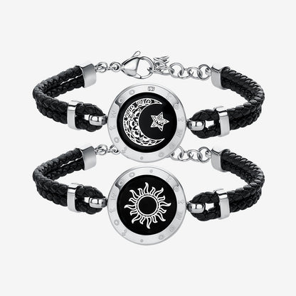 Sun & Moon Touch Bracelets with Braided Leather Rope (Black+Black)