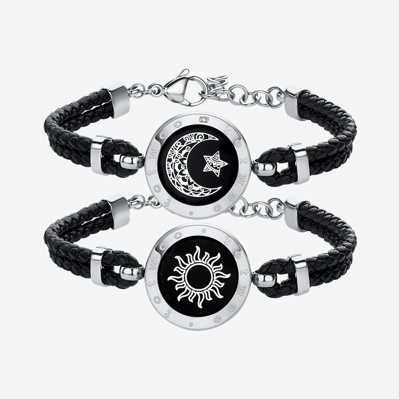 Sun & Moon Touch Bracelets with Braided Leather Rope (Black+Black)