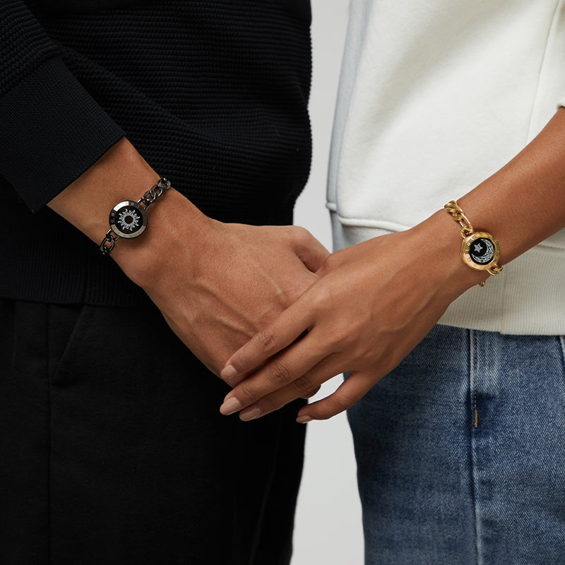 Sun & Moon Touch Bracelets with Figaro Chain (Black+Gold）
