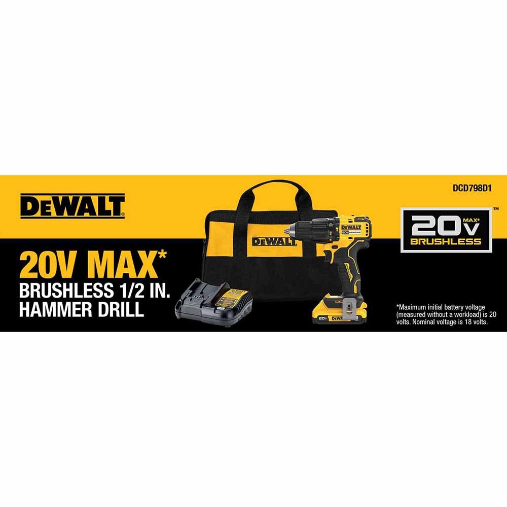DeWalt DCD798D1 20V MAX Brushless Cordless 1/2 in. Hammer Drill Kit