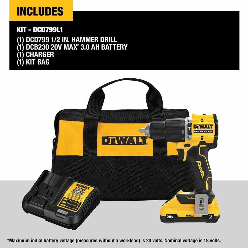 DeWalt DCD799L1 ATOMIC COMPACT SERIES 20V MAX Brushless Cordless 1/2 in. Hammer Drill Kit