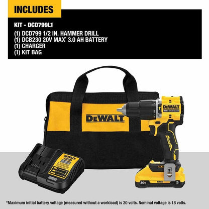 DeWalt DCD799L1 ATOMIC COMPACT SERIES 20V MAX Brushless Cordless 1/2 in. Hammer Drill Kit