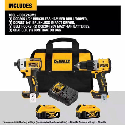 DeWalt DCK249M2 20V MAX XR Brushless 2 Tool Combo Kit with (2) 4.0Ah Batteries and Charger