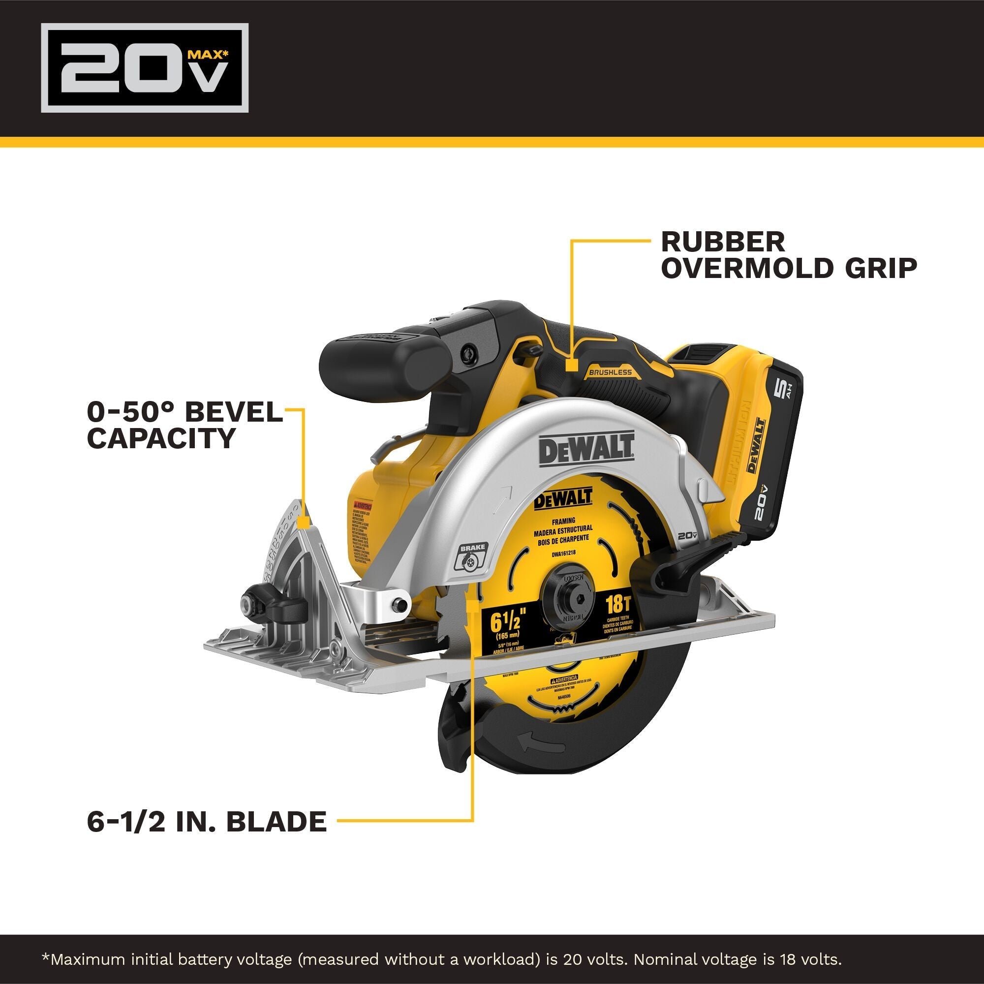 DeWalt DCS391P1 20V Max Li Ion 6-1/2" Circular Saw Kit (5.0 Ah) 5/8"Arbor
