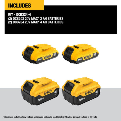 DeWalt DCB324-4 20V MAX Lithium-Ion Battery 4-Pack, (2) x 4.0 Ah + (2) 2.0 Ah