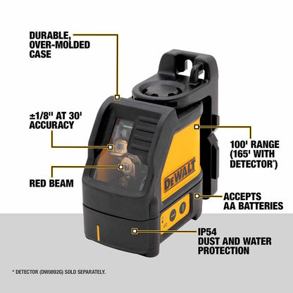 DeWalt DW088K Self Leveling Horizontal/Vertical RED Cross Line Laser Level DW088K-QU (USES 3 X AA)