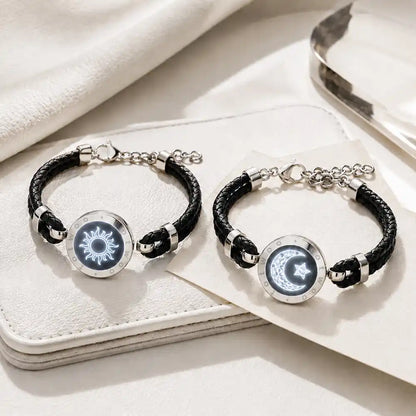 Sun & Moon Touch Bracelets with Braided Leather Rope (Black+Black)