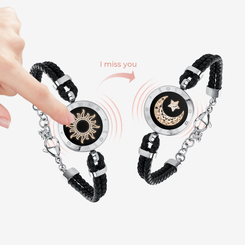 Sun & Moon Touch Bracelets with Braided Leather Rope (Black+Black)