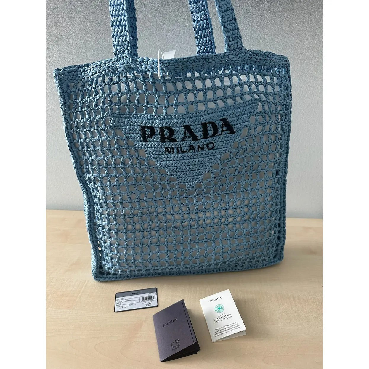 PRADA SHOPPER-CARTERA DE RAFIA CON GEWEBTEM LOGO – AZUL