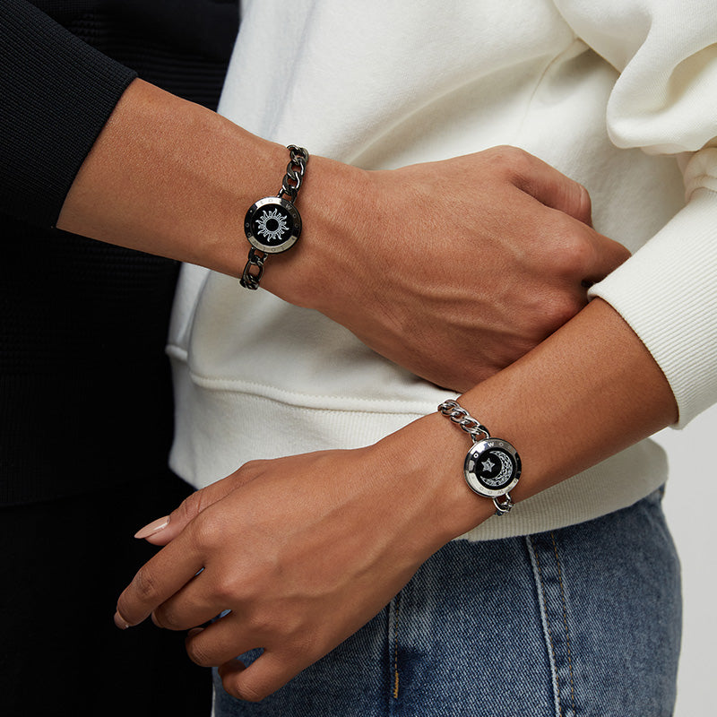 Sun & Moon Touch Bracelets with Figaro Chain (Black+Rose Gold)