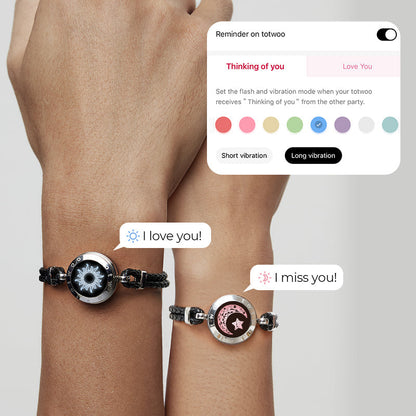 Sun & Moon Touch Bracelets with Braided Leather Rope (Black+Black)